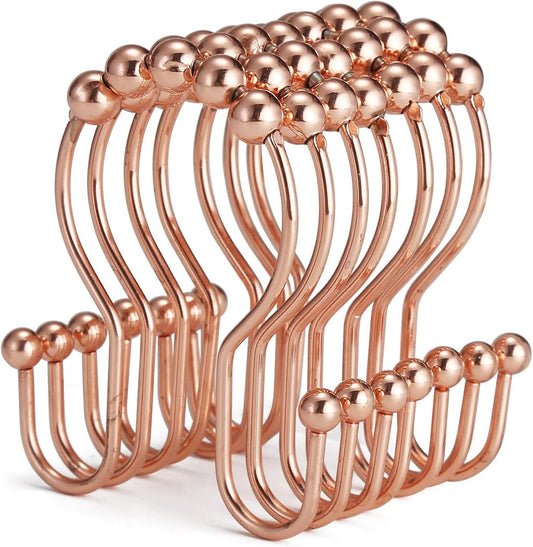 Goowin Shower Curtain Hooks, 12 Pcs Shower Curtain Rings, Stainless Steel Shower Curtain Hooks Rings Rust Proof, Smooth Sliding Anti-Drop Double Shower Hooks for Shower Curtain, Rods (Rose Gold)