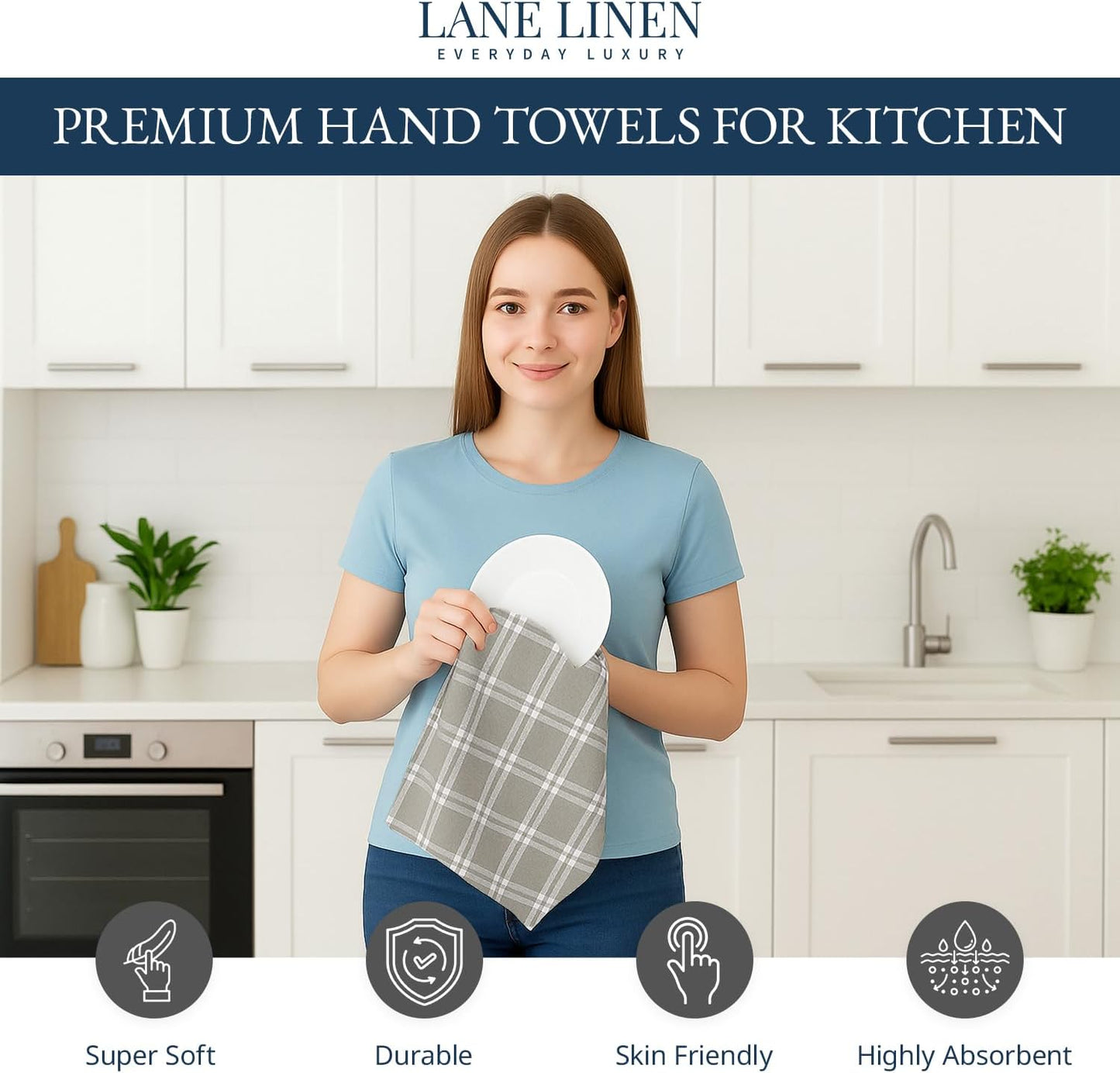 LANE LINEN Cotton Kitchen Towels Set, 4-Pack – Absorbent, Quick-Drying Dish Towels, Tea Towels, 18" x 28" - Slate Grey