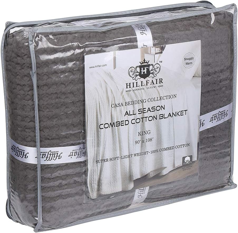 HILLFAIR 100% Combed Cotton Blanket–102x108 Inch California King Size Bed Blankets– Warm Soft All Season Breathable Blankets– Extra Large Oversized California King Blanket- Grey King Cotton Blankets