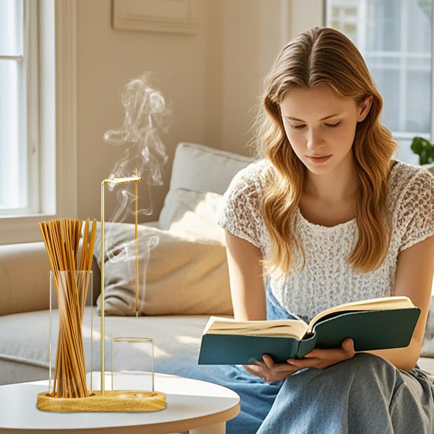 2 in 1 Incense Holder for Sticks, Anti-Ash Flying Incense Burne with Glass Ash Catcher and Incense Sticks Organizer for Meditation Yoga Spa Home Decor (Light Base)