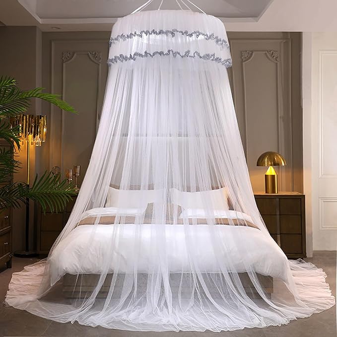 Kertnic Mosquito Net Bed Canopy for Girls, Princess Canopy Bed Curtain Fine Sheer Mesh Dome Bed Canopies, Kids & Adults Lace Tent for Twin Full Queen King Bed (White)
