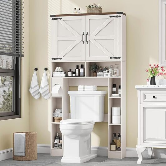Over The Toilet Storage Cabinet, Farmhouse Storage Cabinet Over Toilet with 2 Barn Doors ，Toilet Paper Holder Stand，Home Space-Saving Toilet Rack, for Laundry, Restroom, Bathroom