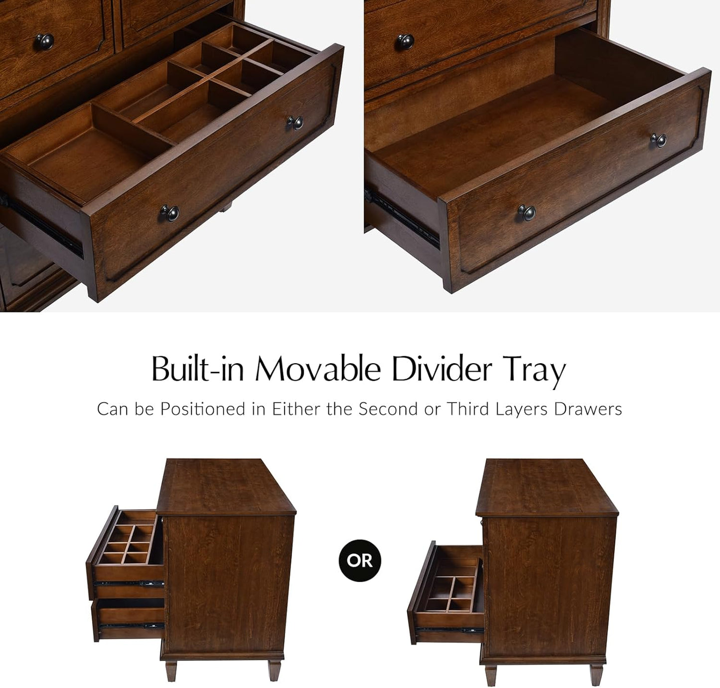 HULALA HOME Mid-Century Modern Nightstand with Charging Station and Divider Tray, 4-Drawer Bedside Table with Solid Wood Legs (Walnut)