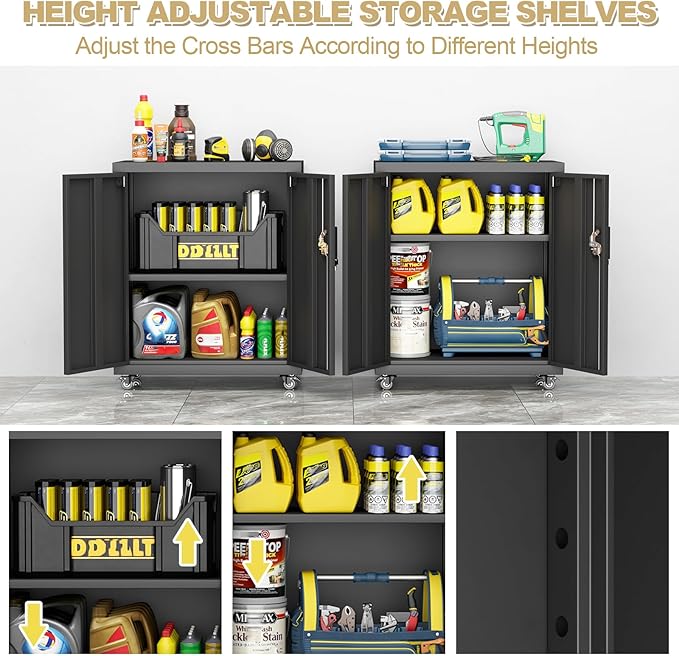 LUCYPAL Metal Storage Cabinet with Wheels,31.5" H Steel Storage Cabinet with Locking Doors and Adjustable Shelves,Metal Garage Storage Cabinets for Home Office,Kitchen,Black