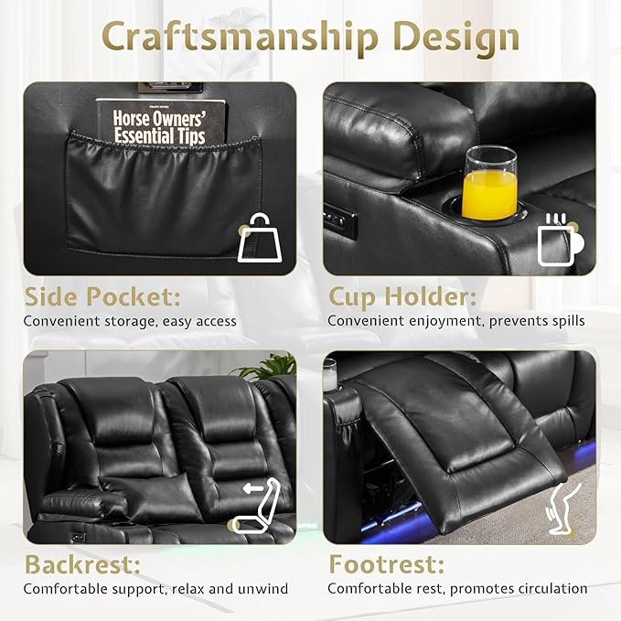 SAMERY Power Loveseat Recliner Sofa with Adjustable Split Back, Multi-Port Charger, Flip-Up Backrest & LED Lighting - Home Theater Seating with Storage, Cup Holders, Black Faux Leather Loveseat