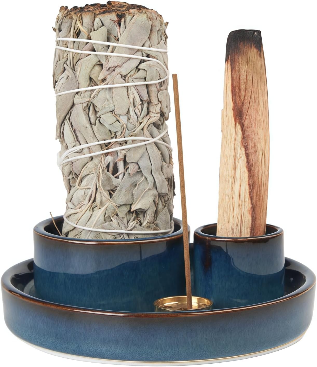 4 in 1 Incense Holder, Palo Santo Stick Holder,Sage Holder for Burning- 4.25" Sage Incense Holder for Meditation Room Home Decor (Blue Reactive)