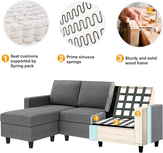 HONBAY Convertible Sectional Sofa, Convertible L Shaped Couch with Reversible Chaise, Sectional Couch for Small Space Apartment, Grey