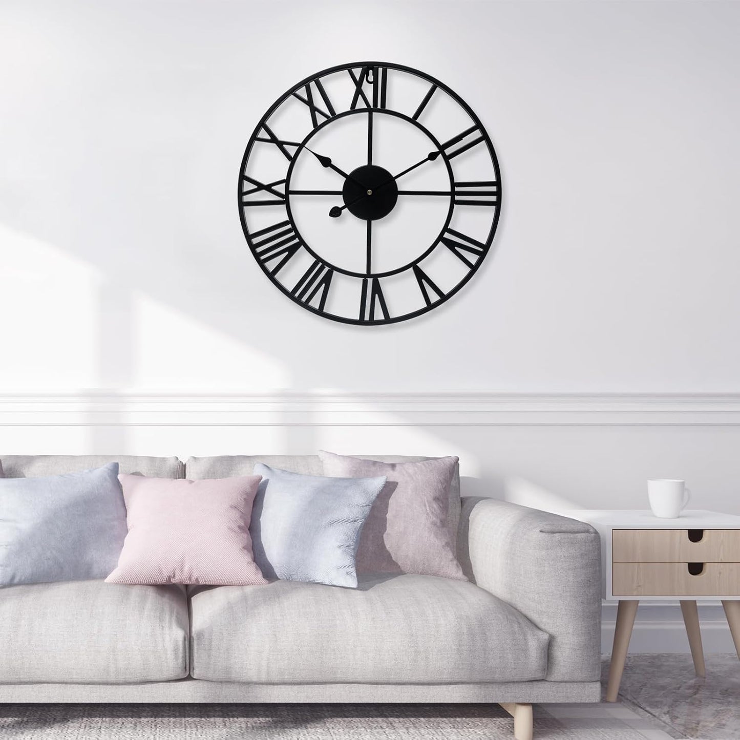 Large Wall Clock 16 Inch Black Roman Numerals Metal Clock Battery Operated Silent Non-Ticking Decor Clock Modern Round Oversize Wall Clocks for Home, Hotel, Office, Bedroom (Black, 16inch)