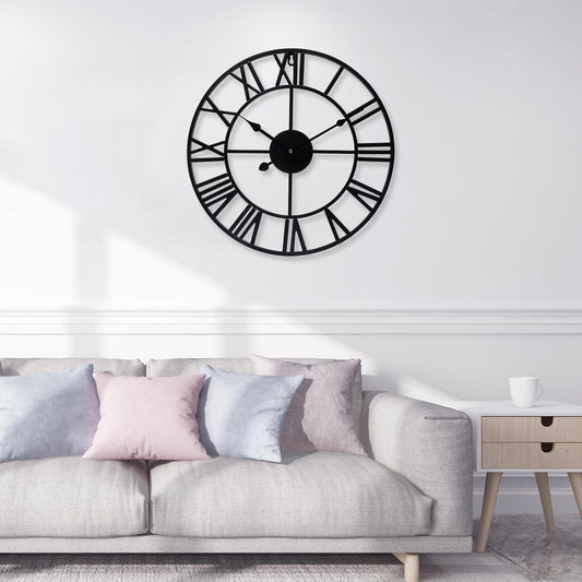 Large Wall Clock 16 Inch Black Roman Numerals Metal Clock Battery Operated Silent Non-Ticking Decor Clock Modern Round Oversize Wall Clocks for Home, Hotel, Office, Bedroom (Black, 16inch)
