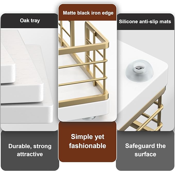 Wican Guest Towel Holder Tray for Bathroom, Oak and Iron Napkins Holder for Powder Room Dinning Table Wooden Basket for Disposable Paper Hand Towels Gold and White
