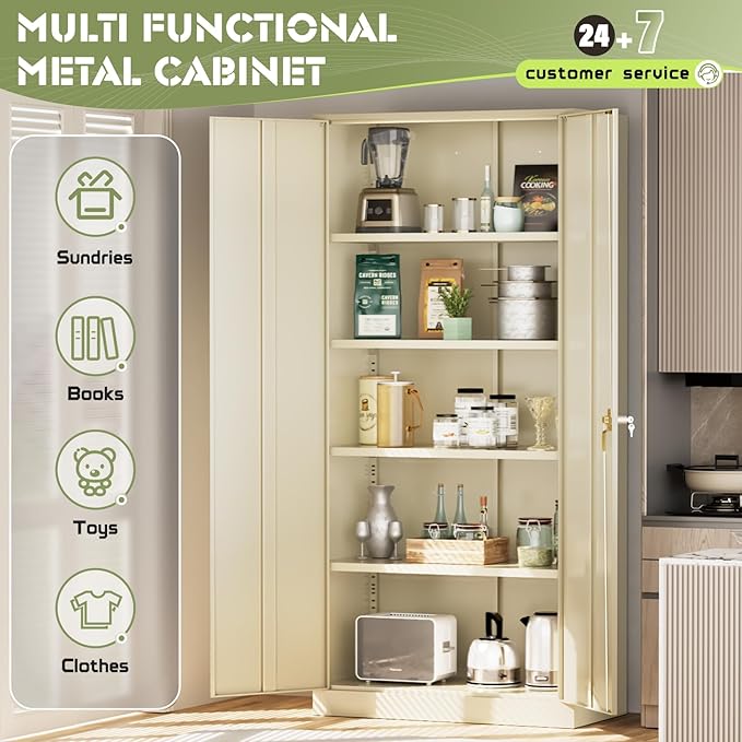 SUNCROWN 72" Metal Storage Cabinet - Heavy-Duty Metal Garage Cabinet with 4 Adjustable Shelves & 2 Doors for Tools, Office, Home, Workshop,Warm Grey