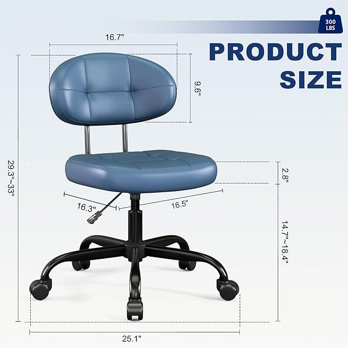 Misolant Vanity Chair with Back, Small Armless Cute Office Chair with Wheels and Lumbar Support, Comfy PU Leather Desk Computer Chairs with Adjustable Height, 360° Swivel for Home Bedroom, Navy Blue