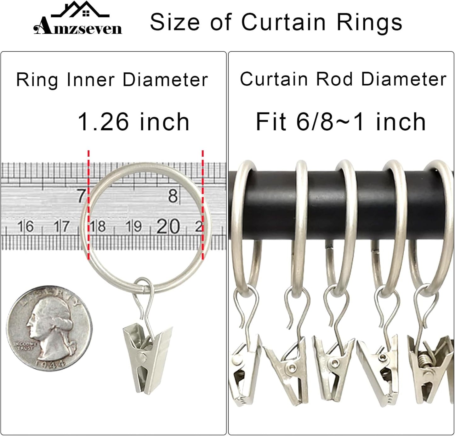 40 Pack Curtain Rings with Clips, Drapery Clips with Rings, Drapes Rings 1.26 in Interior Diameter, Fits up to 1 in Curtain Rod, Matte Silver