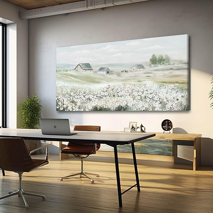 VAYIMDH Farmhouse Wall Art White Flowers Painting Rustic Scenery Green Pictures Wall Decor 24"x 48" Meadow Prints for Living Room Dining Room Bedroom Aesthetic