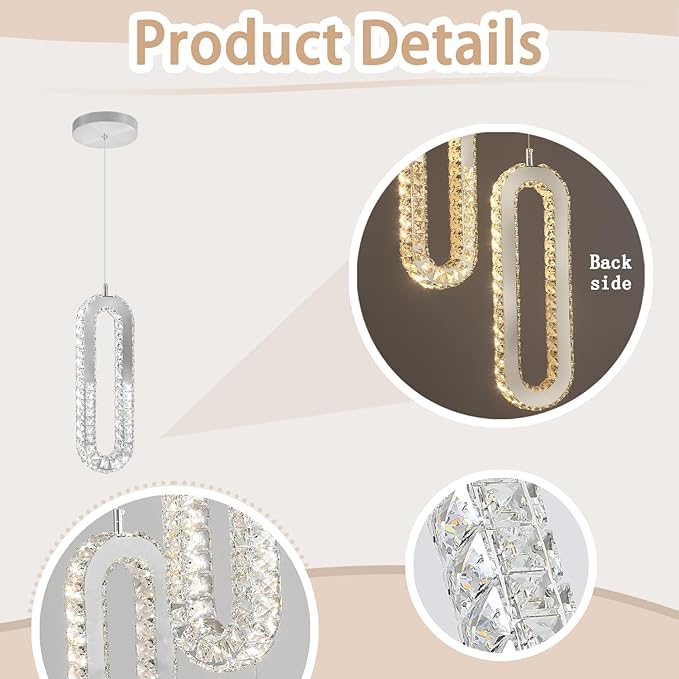 1-Ring Chandelier Silver Modern Pendant Lighting LED Dimmable Hanging Crystal Chandelier for Kitchen Island Foyer Lobby Living Room Staircaes