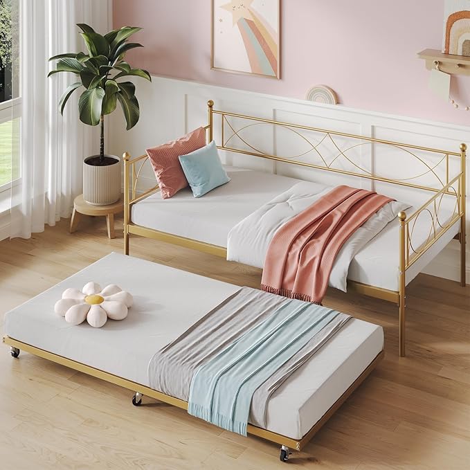 IDEALHOUSE Twin daybed with Trundle, Metal Twin Daybed and Trundle Set, Day Bed Sofa Bed Frame with Steel Slat Support, Multifunctional Daybed Frame for Bedroom (Gold Sets)