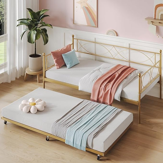 IDEALHOUSE Twin daybed with Trundle, Metal Twin Daybed and Trundle Set, Day Bed Sofa Bed Frame with Steel Slat Support, Multifunctional Daybed Frame for Bedroom (Gold Sets)