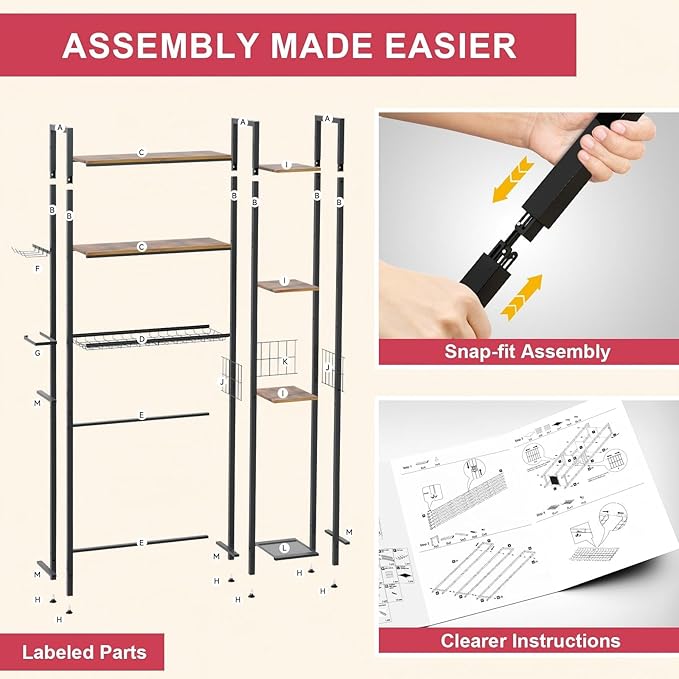 Over Toilet Bathroom Organizer, Solid Wood Over Toilet Storage Shelves with Toilet Paper Holder, Hooks, Side Rack, Sturdy Metal Standing Shelf for Laundry, Balcony, 9.45" D x 31.5" W x 66" H