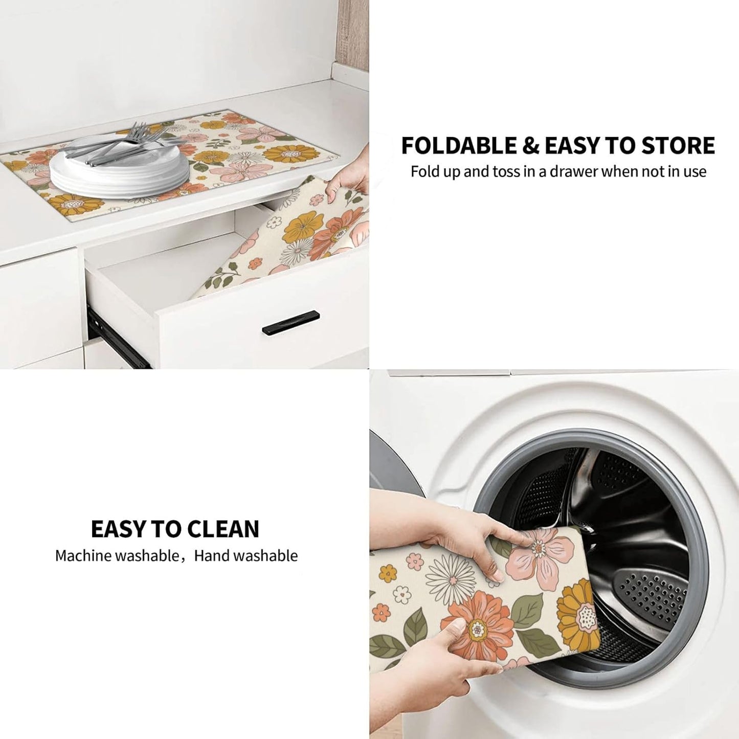 Absorbent Dish Drying Mat For Kitchen Counter, Pink Flowers Microfiber Dish Drying Pad, Kitchen Gadgets For Easy Clean Multi-Use