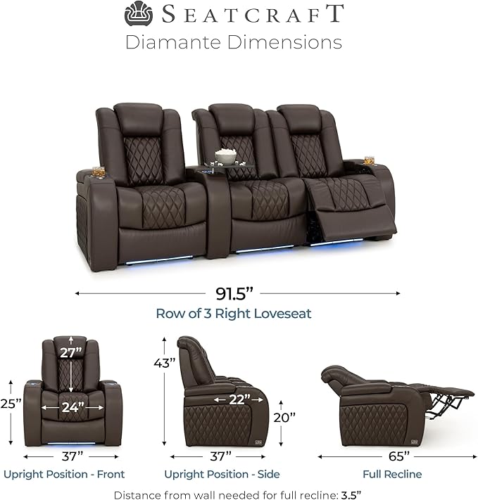 Seatcraft Diamante Zero-Gravity CoolZero Italian Leather Home Theater Seating, Power Headrest, Power Recline, Row of 3 Right Loveseat, Brown