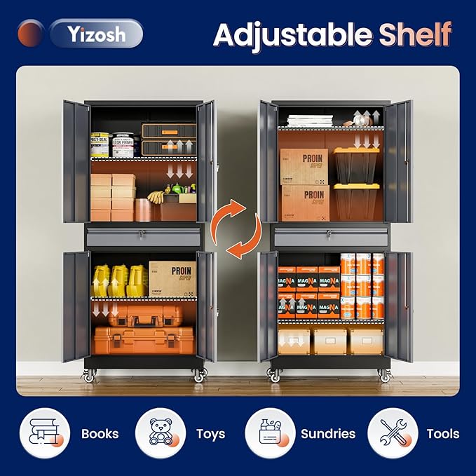 Yizosh Metal Garage Storage Cabinet with Locking Doors and Adjustable Shelves, -73" Steel Rolling Tool Storage Cabinet with 4 Wheels and 1 Drawer for Garage,Office,Warehouse