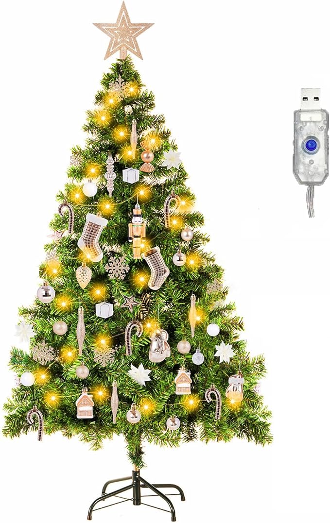 4ft Artificial Christmas Tree with Lights and Ornaments, Small Prelit Xmas Tree with Hanging Balls (8 Modes) for Home Holiday Decoration, Champagne+White