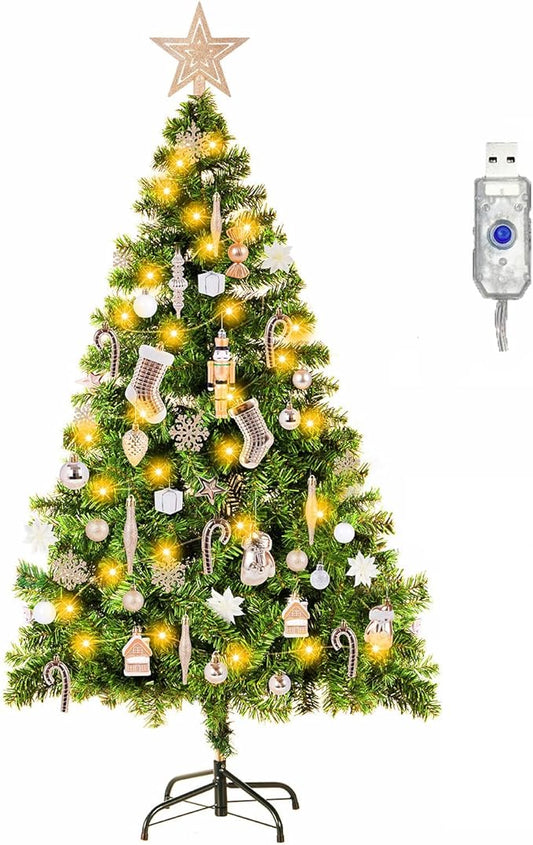 4ft Artificial Christmas Tree with Lights and Ornaments, Small Prelit Xmas Tree with Hanging Balls (8 Modes) for Home Holiday Decoration, Champagne+White