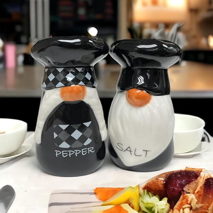 KARALIN Ceramic Salt & Pepper Shaker Sets Tabletop Accessories Cute Farmhouse Chef Design Housewarming gift with Gift Box ready (Black & White)