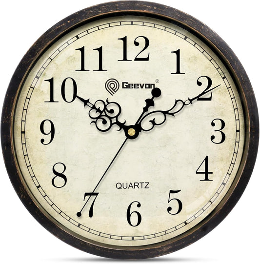 Geevon Vintage Wall Clock 10" Silent Non-Ticking Retro Round Quartz Battery Operated Decorative Clock for Kitchen, Living Room, Bedroom, Office, Classroom