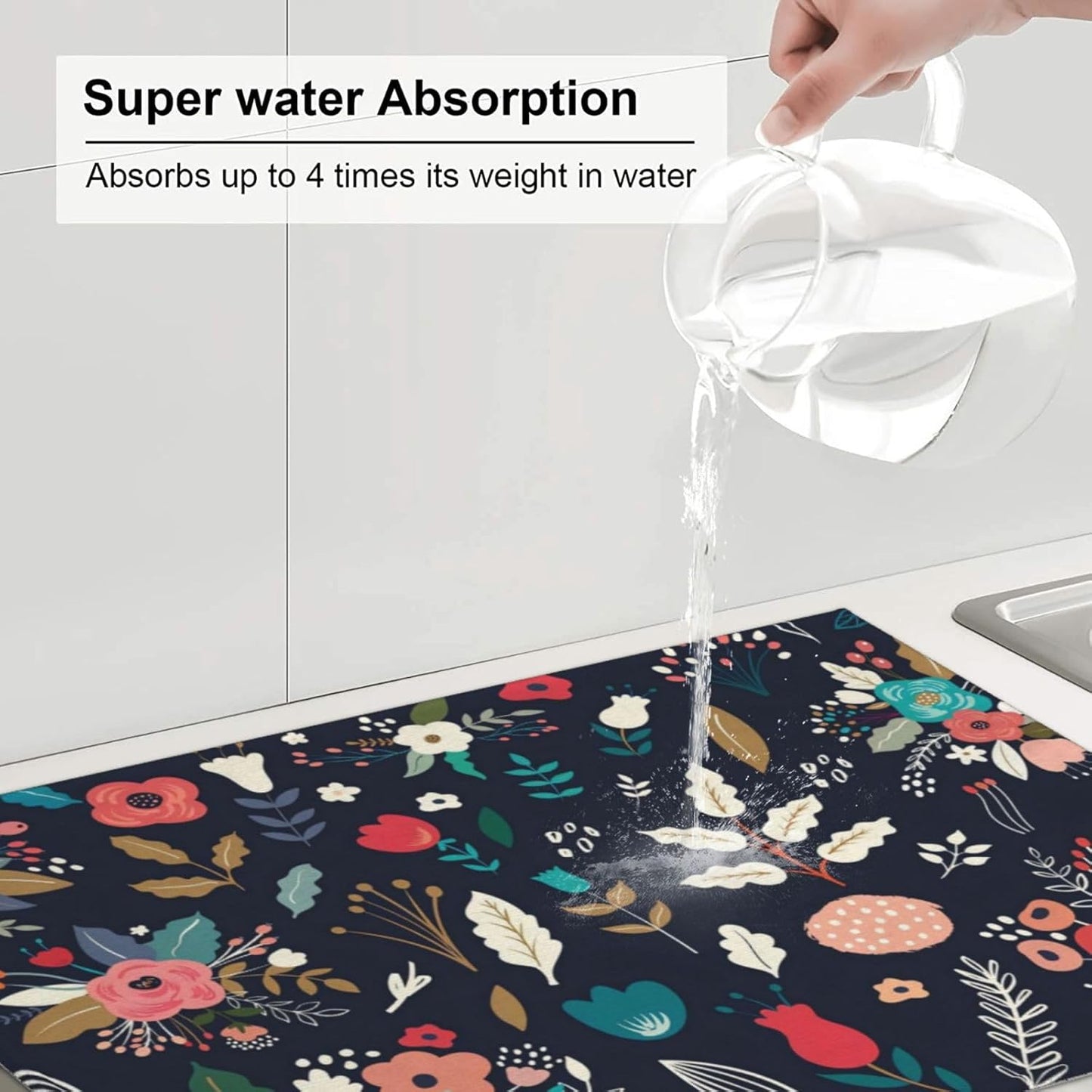 Colorful Flowers Black Dish Drying Mat 18x24 For Kitchen Counter Absorbent Microfiber Dishes Pad Dish Drainer Rack Mats Fast Dry Kitchen Accessories