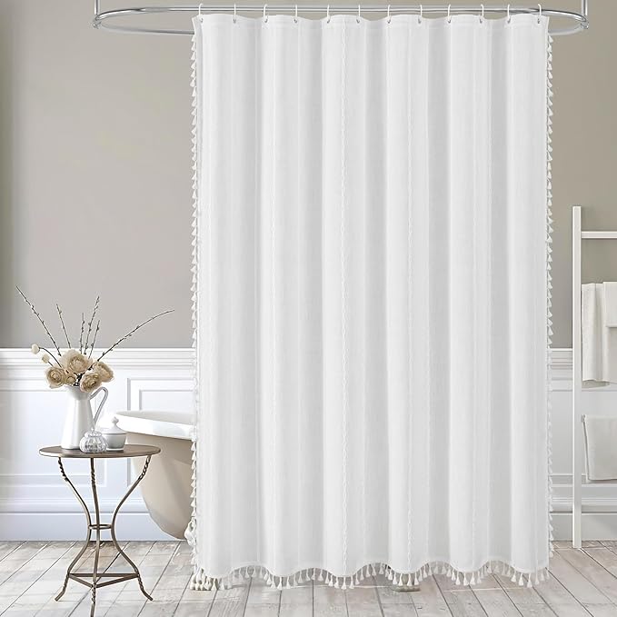 MitoVilla Boho Farmhouse Shower Curtains for Modern Farmhouse Bathroom Decor, White Country Thick Polyester Linen Fabric Shower Curtain, Rustic Tassel Cloth Shower Curtain, 72 x 72, White