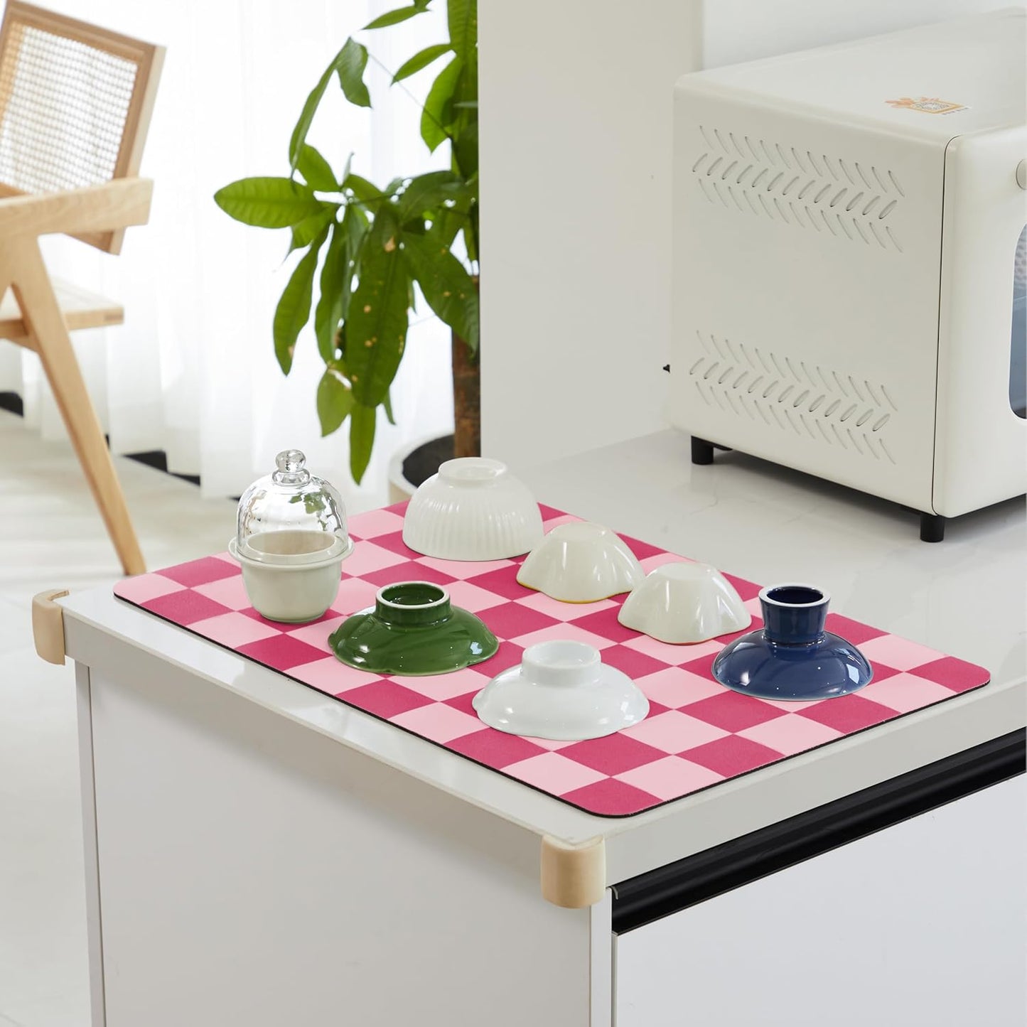 Checkered Dish Drying Mat for Kitchen Counter, Coffee Bar Station Accessories, Retro Cute Aesthetic Modern Absorbent Drainer Mat Kitchen Drying Mat Easy Clean, Hot Pink 12" x 19"