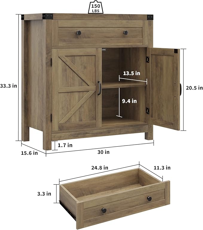 HOSTACK Coffee Bar Cabinet, Kitchen Storage Cabinet, Modern Farmhouse Buffet Sideboard with Drawer and Adjustable Shelf, Barn Door Accent Cabinets for Kitchen, Dining Room, Entryway,Rustic Brown