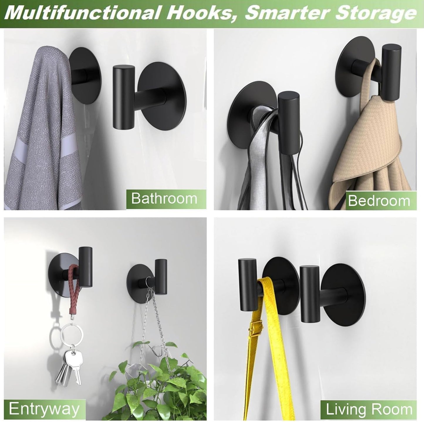 Self-Adhesive Coat Hooks, Stainless Steel Heavy Duty Wall Hooks, Towel Hooks for Hanging Robes, Aprons, Coats and Hats in Bathrooms,Kitchens and Hotels(2 Pack, Black)
