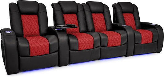 Seatcraft Diamante - Home Theater Seating - Living Room - Power Recline - Italian Leather - Powered Headrests - Cupholders - USB Charging - Ambient Lighting, Black/Red, Row of 4 Middle Loveseat