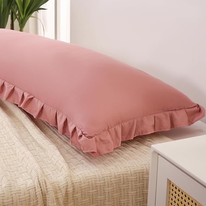 Merryword Pink Mocha Body Pillow Cover 20x54inches Long Pillowcase Ruffled Pillowcases Shabby Chic Ruffled Fringe Decor Body Ruffled Pillow Sham Cute Pillowcase (1 Body, Pink Mocha)
