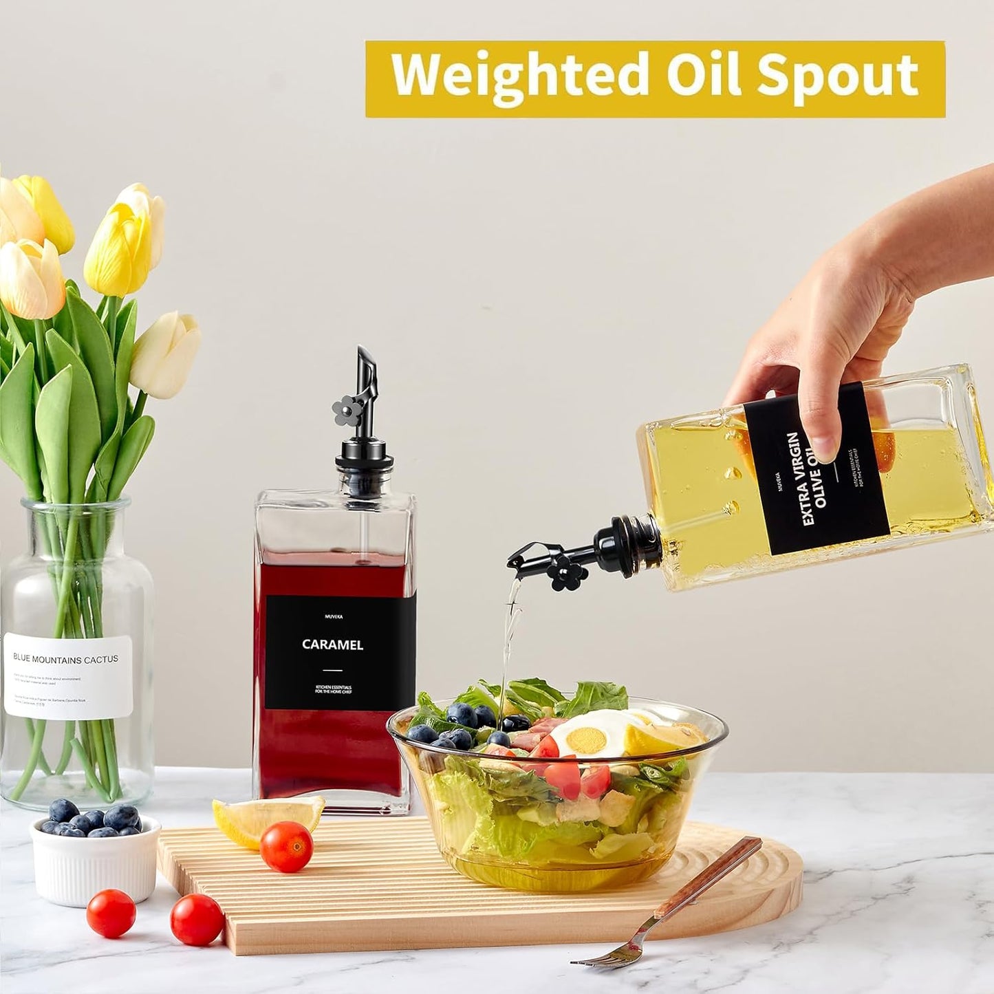 Olive Oil Dispenser Bottle for Kitchen, 16.9 oz/ 500 ml Vinegar Dispenser, Cooking Oil Dispenser Set, Glass Cruet with Pourer Spouts for Vinegar, Coffee Syrup Dispenser