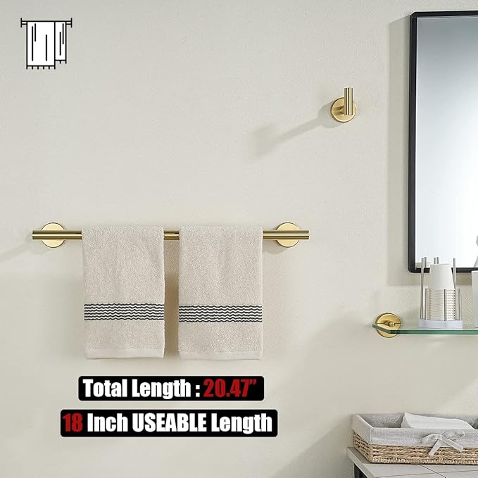 JQK Towel Bar Brushed Gold, 20.5 Inch 304 Stainless Steel Thicken 0.8mm Towel Rack Bathroom, Towel Holder Wall Mount, Useable Length 18 Inch 2 Pack, TB110L18-BG-P2