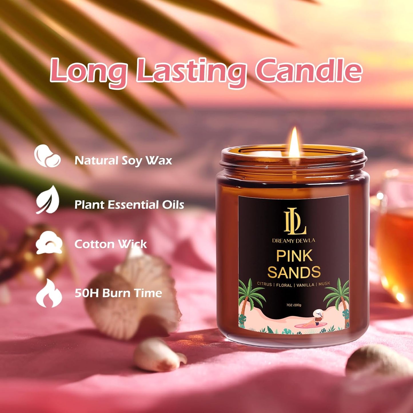 Pink Sands Candles, 7oz Pink Sands Scented Candle, Natural Soy Candles for Home Scented, Long Lasting with 50 Hour Burn Time, Gifts for Men Women