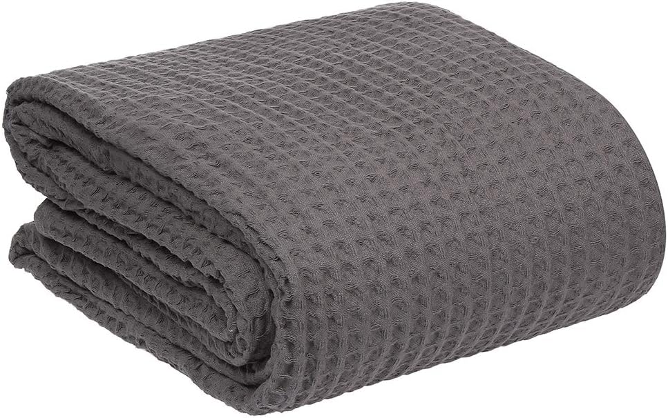 HILLFAIR 100% Combed Cotton Blanket– King Size Bed Blankets– Warm Soft All Season Breathable Lightweight Summer Blankets– Waffle Weave Home Decor Bed Blanket- Grey King Bed Cotton Blankets/Bedcovers