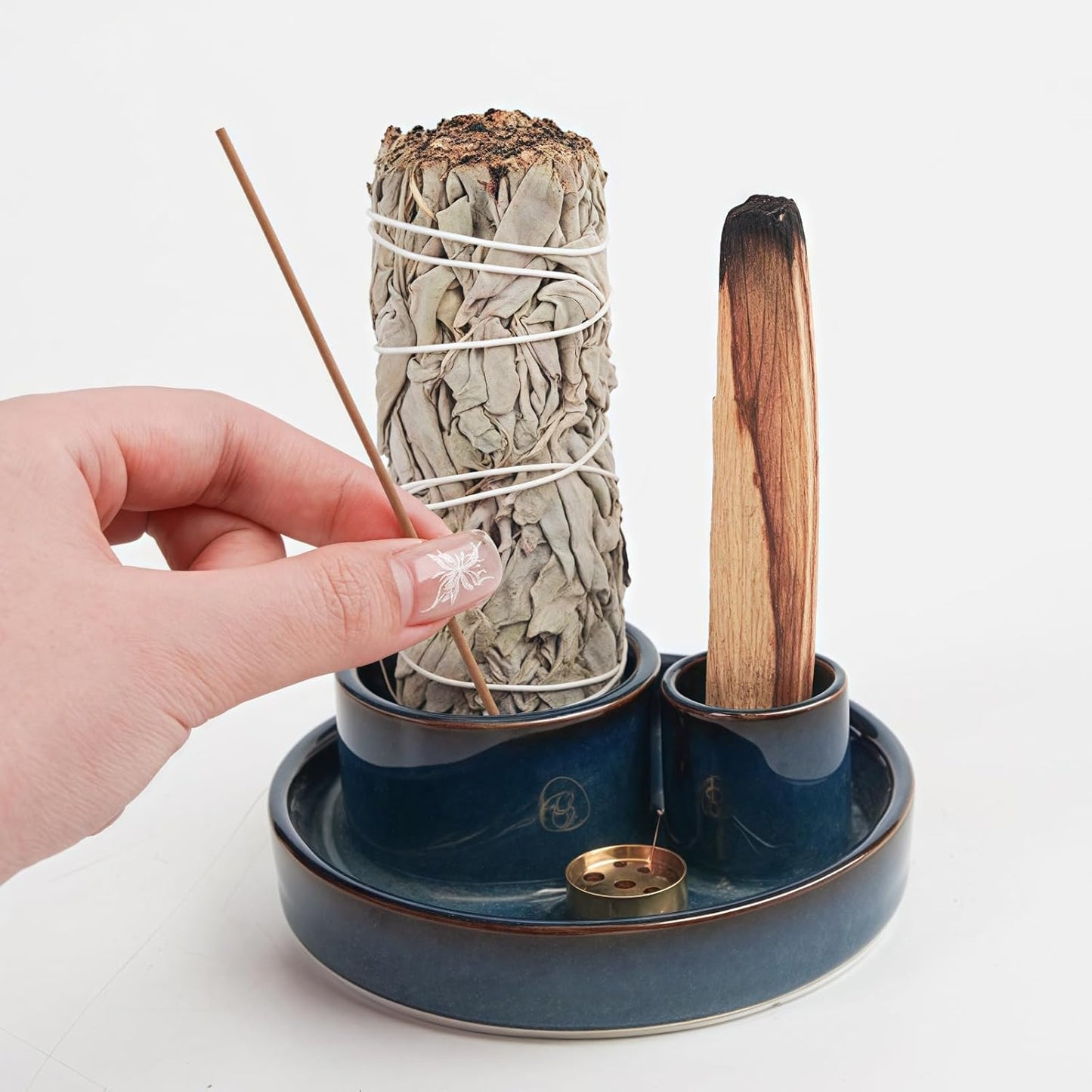 4 in 1 Incense Holder, Palo Santo Stick Holder,Sage Holder for Burning- 4.25" Sage Incense Holder for Meditation Room Home Decor (Blue Reactive)