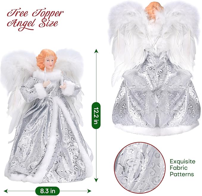 Angel Christmas Tree Topper with Lights, Lighted Tree Toppers Christmas Decorations, Elegant and Durable, Perfect for Holiday Home Decor and Gifts, Silver, WOKEISE