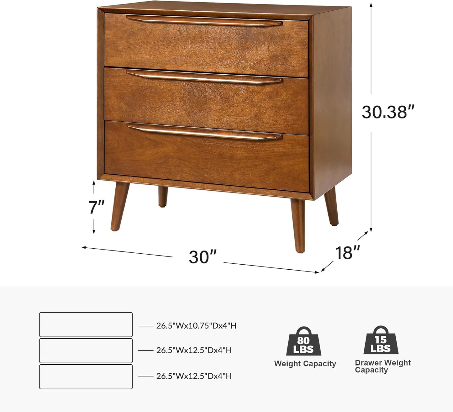 HULALA HOME Mid-Century Modern Nightstand, 3-Drawers Nightstand with Charging Station(Acron)