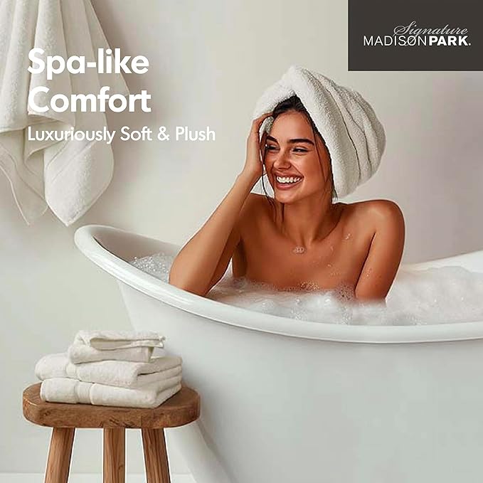 Madison Park 800GSM 100% Cotton Luxury Bathroom Towels , Long Oversized Linen Cotton Bath Towel Set , 8-Piece Include 2 Bath, 2 Hand & 4 Wash, Cream