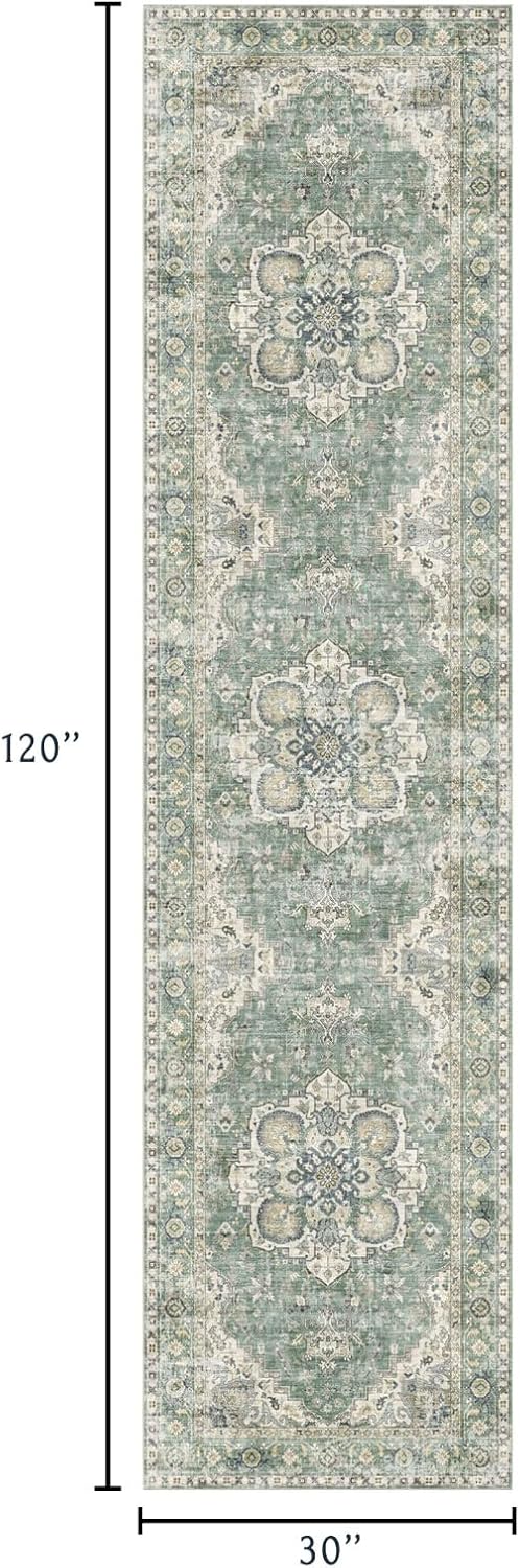 Runner Rugs for Hallway 2.5x10ft - Long Non-Slip Sage Green Washable Boho Runner Rug Low Pile Stain Resistant Soft Vintage Oriental Carpet for Kitchen Living Room Indoor Entryway Bedroom