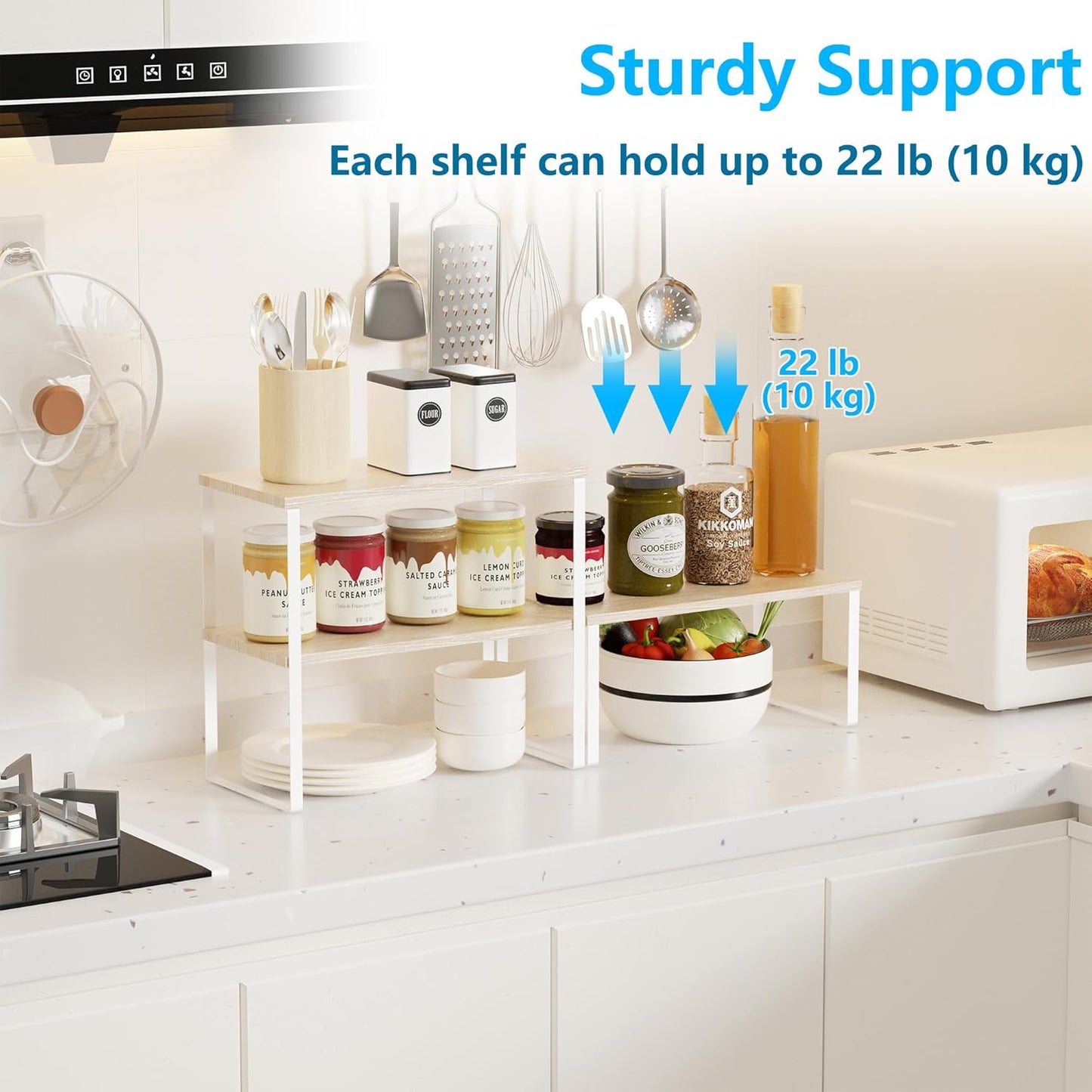 Golener Countertop Organizer Corner Shelf, 2 Tier Adjustable Stackable Corner Shelves for Kitchen, Bathroom, Spice Rack, Coffee Bar, Over Sink, Dresser Table, Corner Counter Shelf Stand, Natural Beige