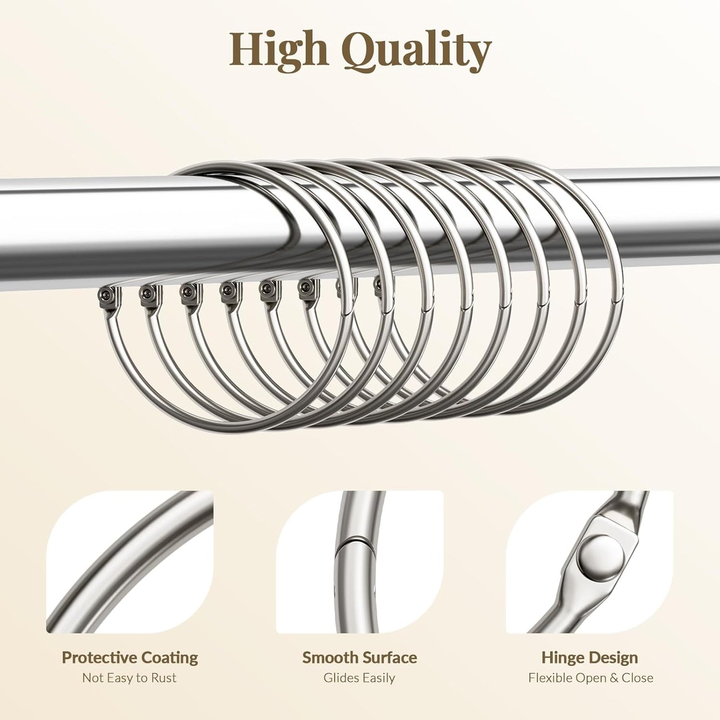 Shower Curtain Rings, Shower Curtain Hooks 12 Pcs Anti-Drop Shower Rings for Curtain, Brushed Nickel Shower Curtain Rings Rust Proof, Metal Shower Hooks for Shower Curtain Rod Bathroom