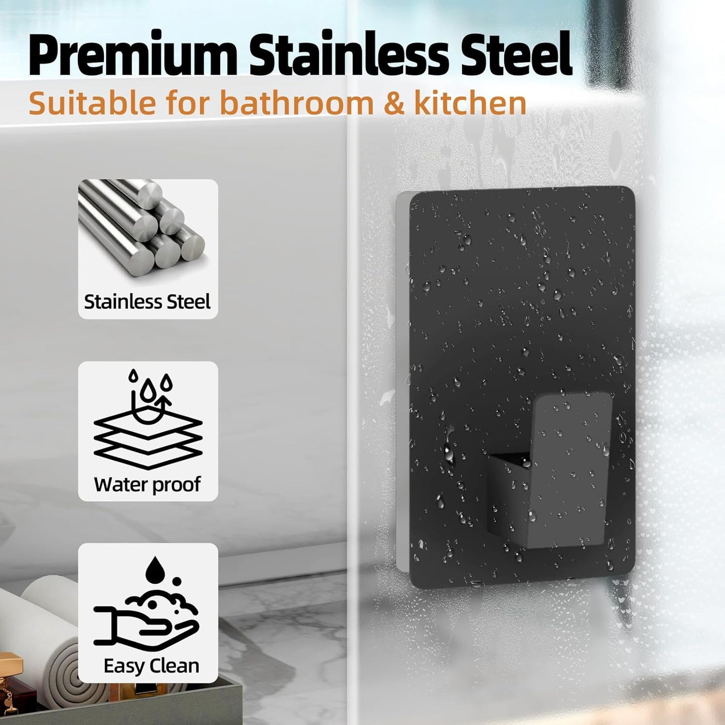 Towel Hooks for Bathrooms Adhesive, 4 Pack Towel Hooks Heavy Duty Wall Hook for Hanging Towel, Robe, Loofah, Purse, Stainless Steel Shower Hooks for Inside Shower, Kitchen (Black)