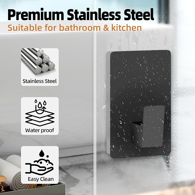 Towel Hooks for Bathrooms Adhesive, 4 Pack Towel Hooks Heavy Duty Wall Hook for Hanging Towel, Robe, Loofah, Purse, Stainless Steel Shower Hooks for Inside Shower, Kitchen (Black)
