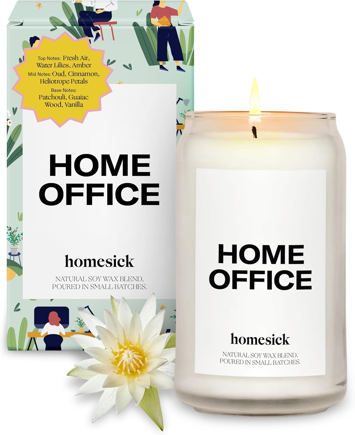 Homesick Scented Candles for Home (Home Office) - 13.75 oz Long-Lasting Natural Soy Wax Blend Jar Candle Gifts for Women & Men, 60-80 Hours Burn Time - Notes of Fresh Air, Water Lilies & Amber